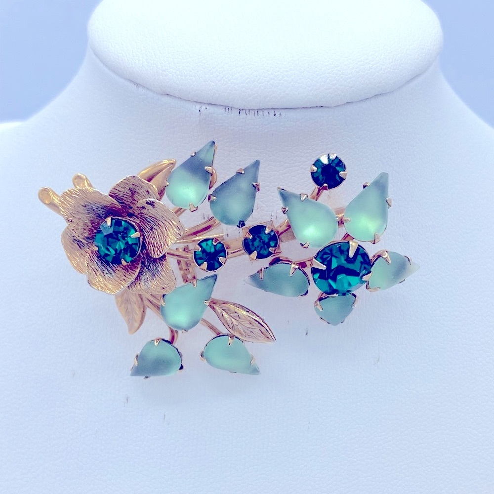 Vintage Green Floral Brooch With Frosted Green Petals & Emerald Green Centers